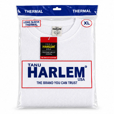 white long-sleeve thermal shirt in its original retail packaging, featuring a prominent blue and red 'Harlem' brand label on the front.
