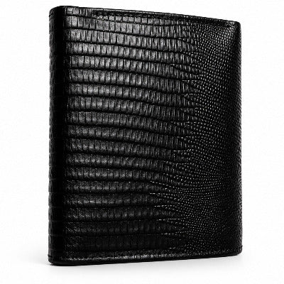 Black textured leather wallet with a crocodile or alligator skin pattern, shown closed against a plain off-white background.