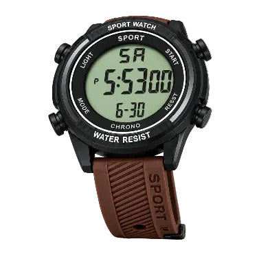 A digital sports watch wit brown band 