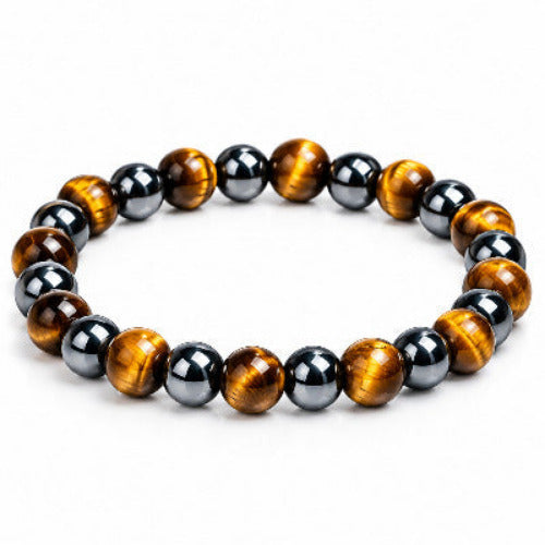 Tiger Eye Beaded bracelet with black, brown, and silver beads on a white background