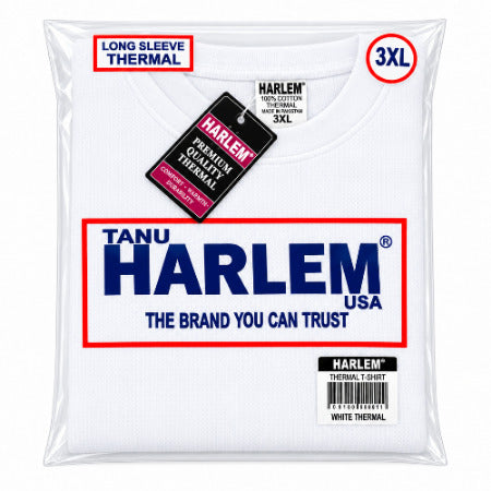 A packaged white Harlem thermal long-sleeve shirt with a large blue and red HARLEM logo