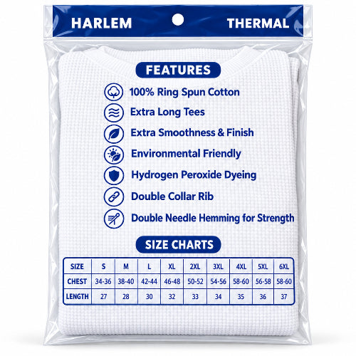 A packaged white waffle-knit cotton shirt tee with blue printed text detailing features and size charts, sealed in a retail pack.