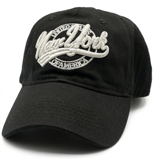 Black cap with 'New York' embroidery on a white background