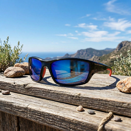 Black sport sunglasses with blue polarized UV 400 lenses resting on a weathered wooden railing outdoors, with rocks, shrubs, and a mountainous coastal landscape in the background.