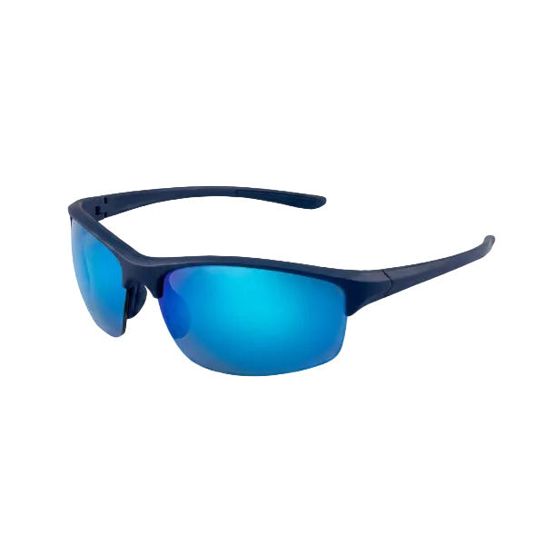 Sport sunglasses with a black frame and blue mirrored lenses, shown at an angle on a plain white background.