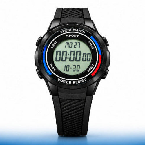 A black digital sports watch with a round face, black strap, and a blue, red, and pink accent ring around the bezel